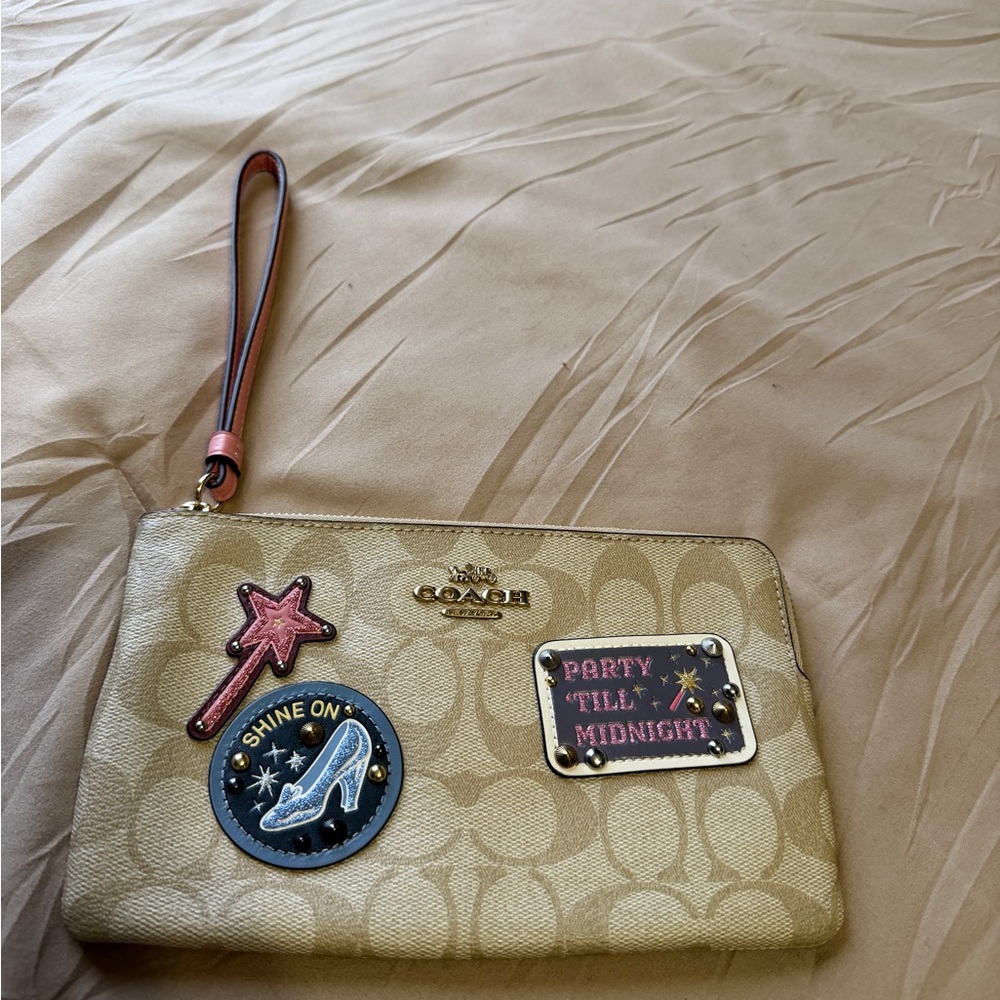 Coach Metallic Gold Zip Wristlet with Tan Trim